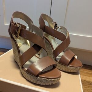 Michael Kors Tan Leather Wedge Sandals